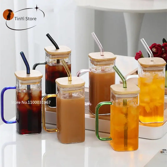350ML Square Mug With Lids and Straws Single Colored Handle Layer Drinking Glass Cups For  Iced Coffee Milk Bubble Tea Water